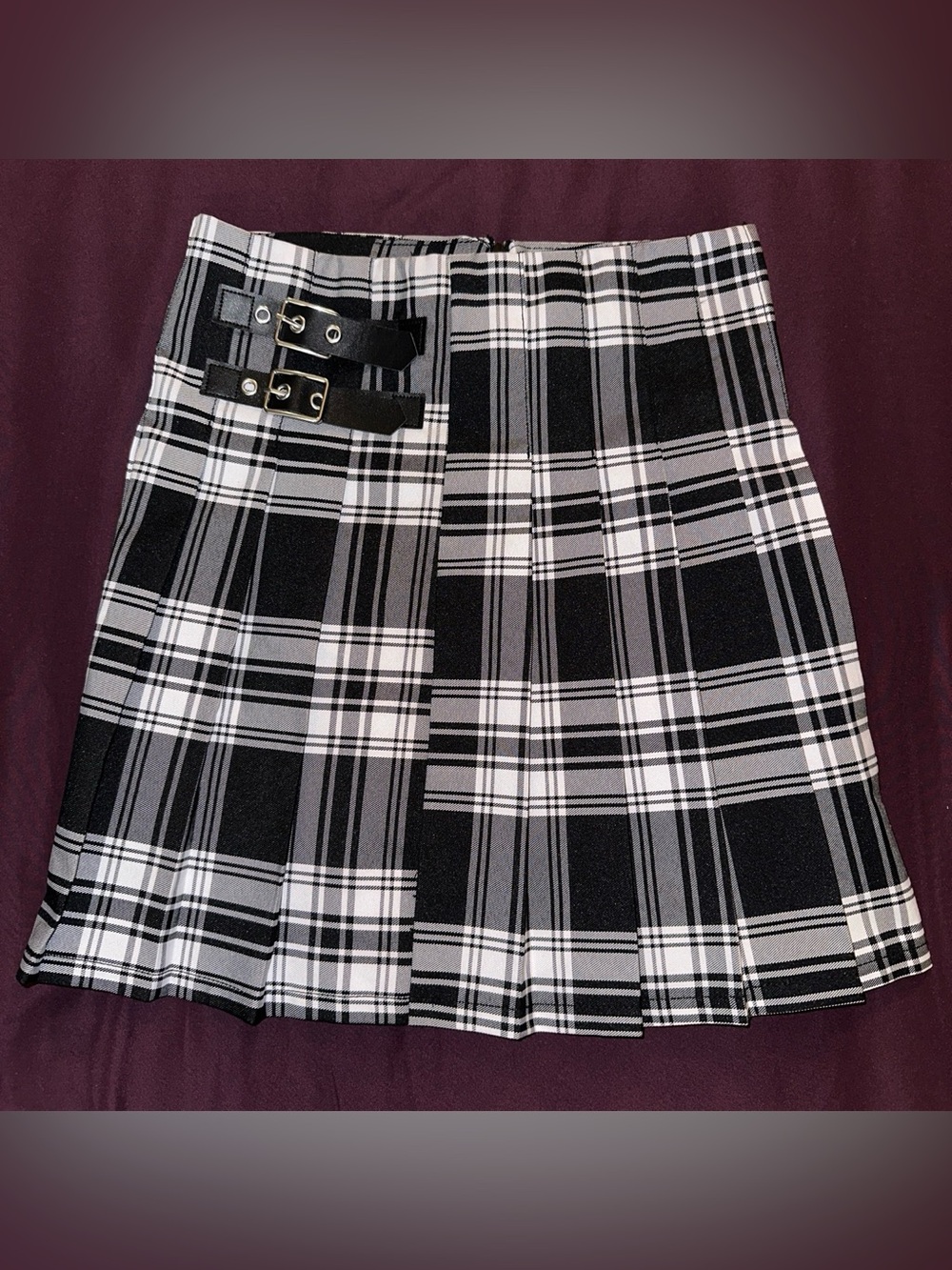 Black & White Plaid Pleated Skirt with Buckle Detail